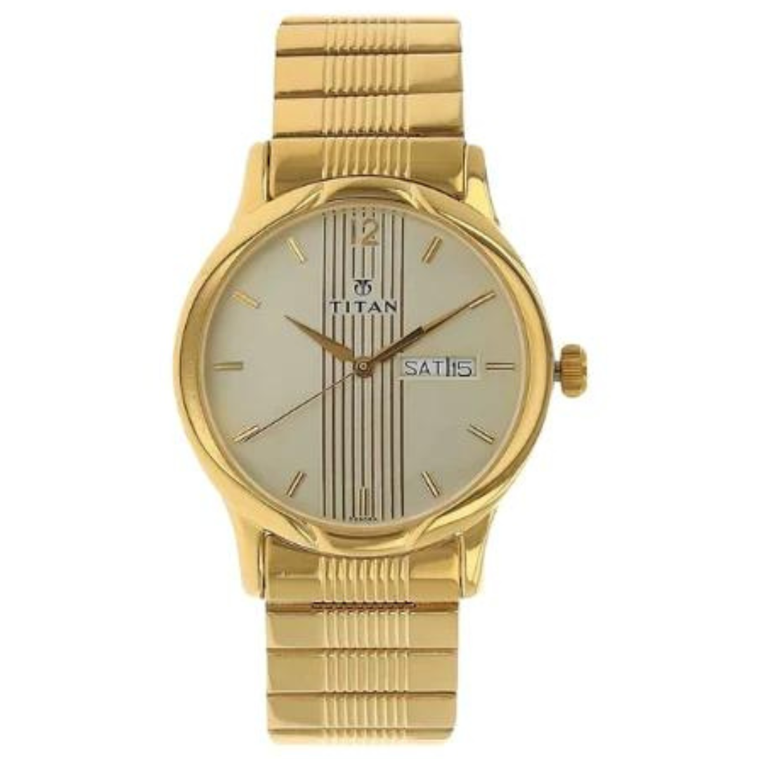 TITAN Champagne Dial Golden Stainless Steel Strap Watch - 1580YM05 - KRISHNA WATCH COMPANY