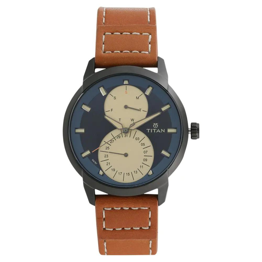 TITAN Blue Dial Brown Leather Strap Watch NN1756NL01 - KRISHNA WATCH COMPANY