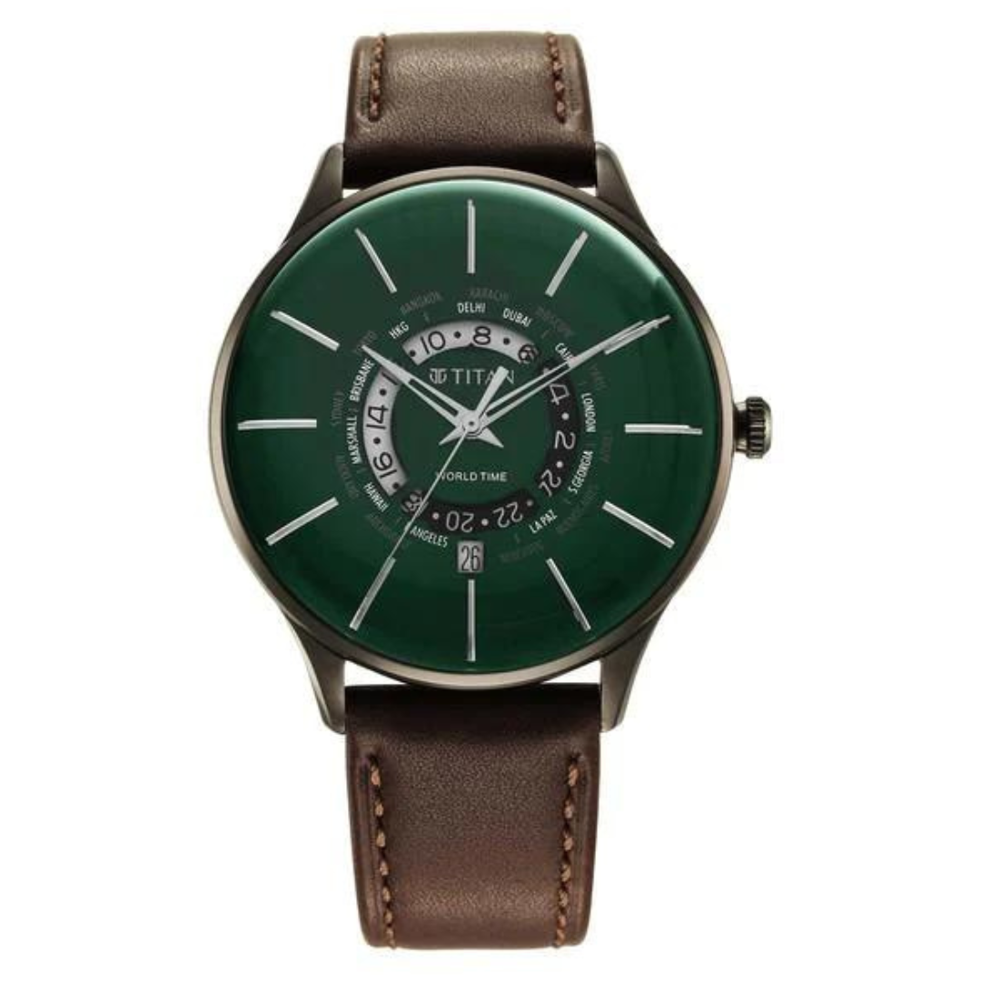 Titan World Time Green Dial Leather Strap Watch 90145QL01 - KRISHNA WATCH COMPANY
