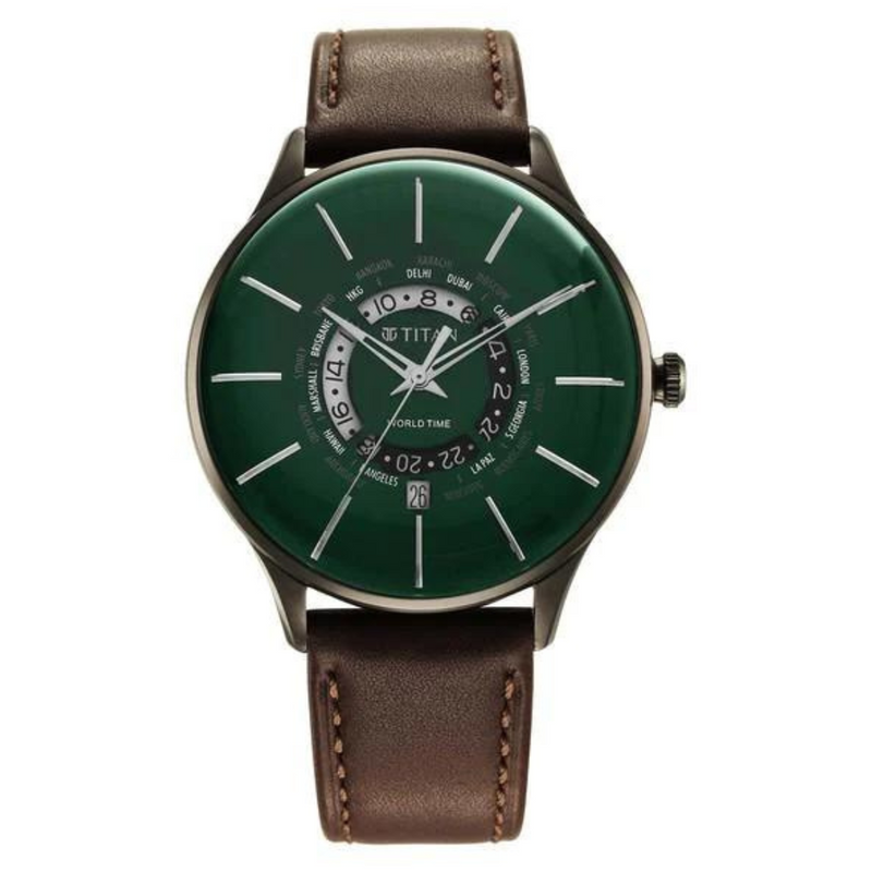 Titan World Time Green Dial Leather Strap Watch 90145QL01 - KRISHNA WATCH COMPANY
