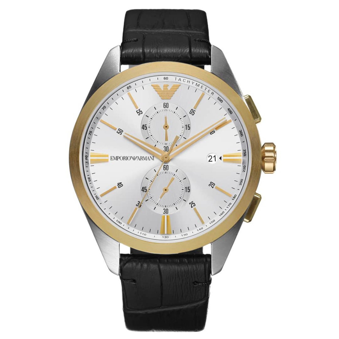 Emporio Armani 43 mm Silver Dial Leather Chronograph Watch - AR11498I - KRISHNA WATCH COMPANY