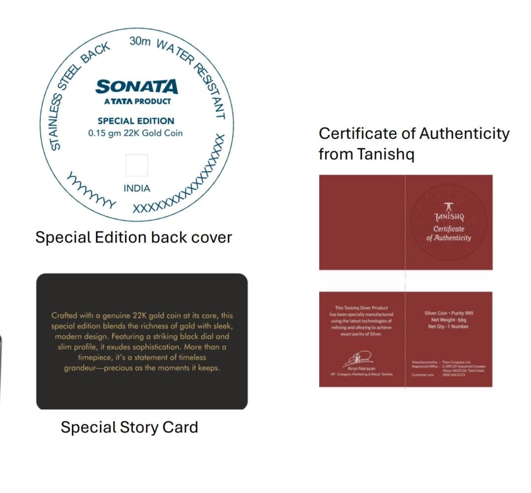 Sonata’s first ever watch embedded with a 22kt 0.15 gms gold coin on the dial watch for Women - 8190YL01 - KRISHNA WATCH COMPANY