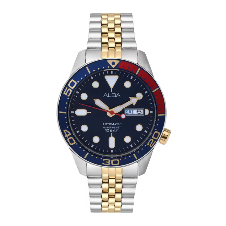 Watch with a blue dial and gold and silver band on a white background