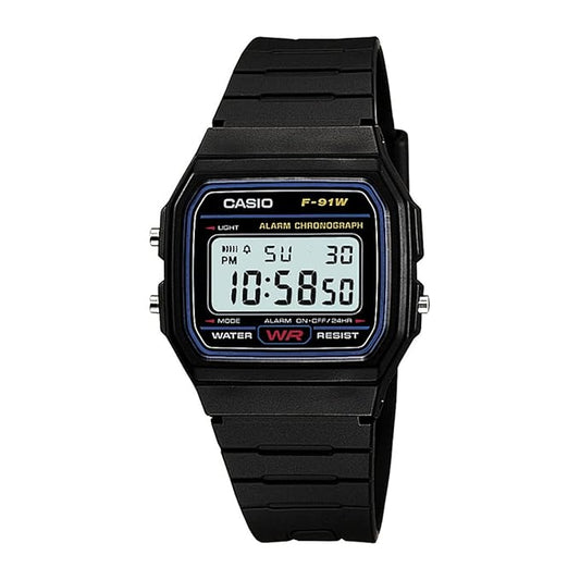 Black Casio digital watch on a white background
