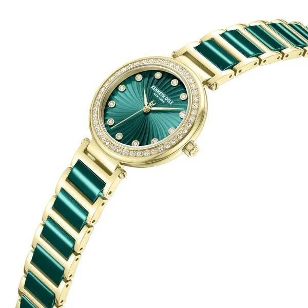 Kenneth Cole Quartz Analog Green Dial Golden Colour Ceramic Strap Watch For Women kcwlg0066103ld