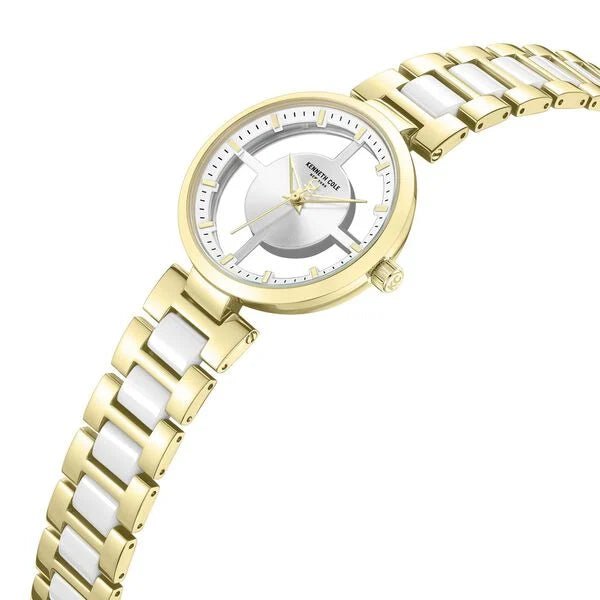 Kenneth Cole Quartz Analog Silver Dial Golden Colour Ceramic Strap Watch For Women kcwlg0066702ld