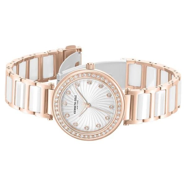 Kenneth Cole Quartz Analog Silver Dial Rose Gold Colour Ceramic Strap Watch For Women kcwlg0066102ld