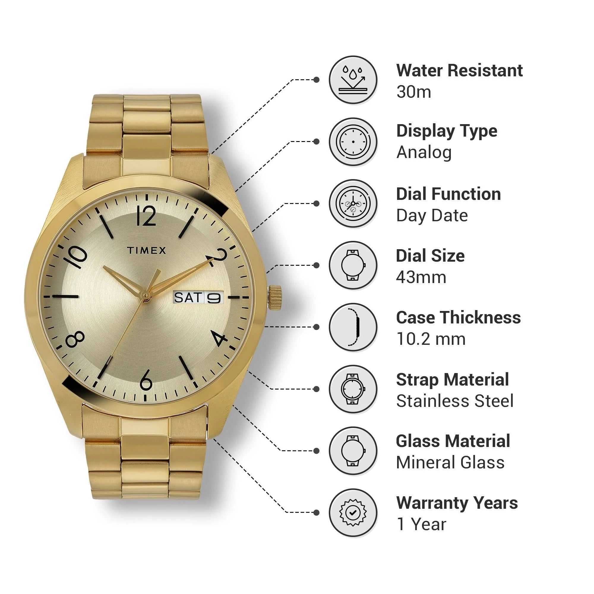 Timex Men Champagne Round Analog Brass Dial Watch- TWTG10403 - KRISHNA WATCH COMPANY