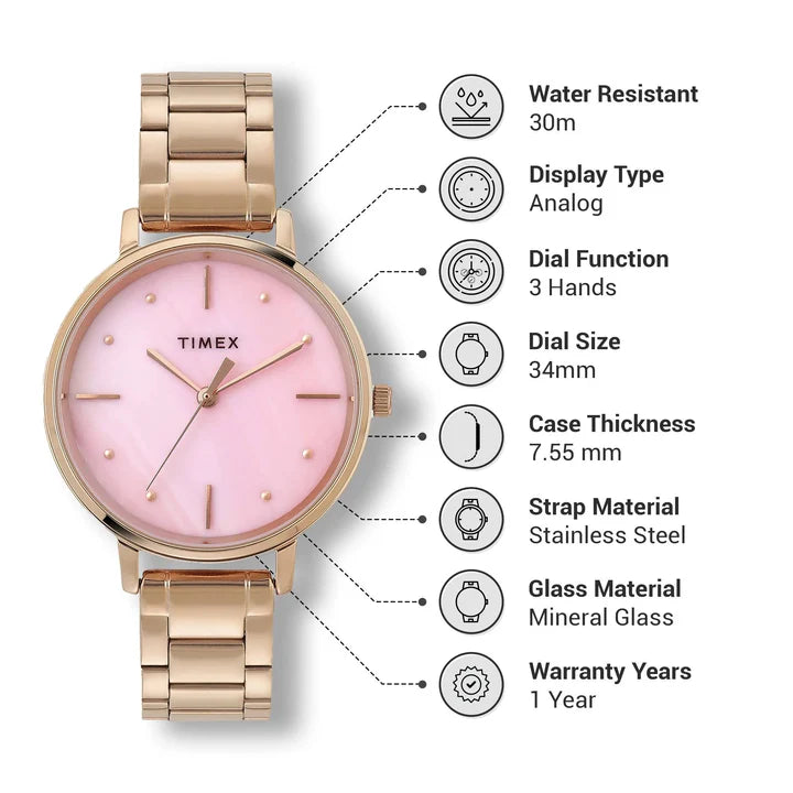 Timex Women Pink Round Analog Brass Dial Watch TWEL15807 - KRISHNA WATCH COMPANY