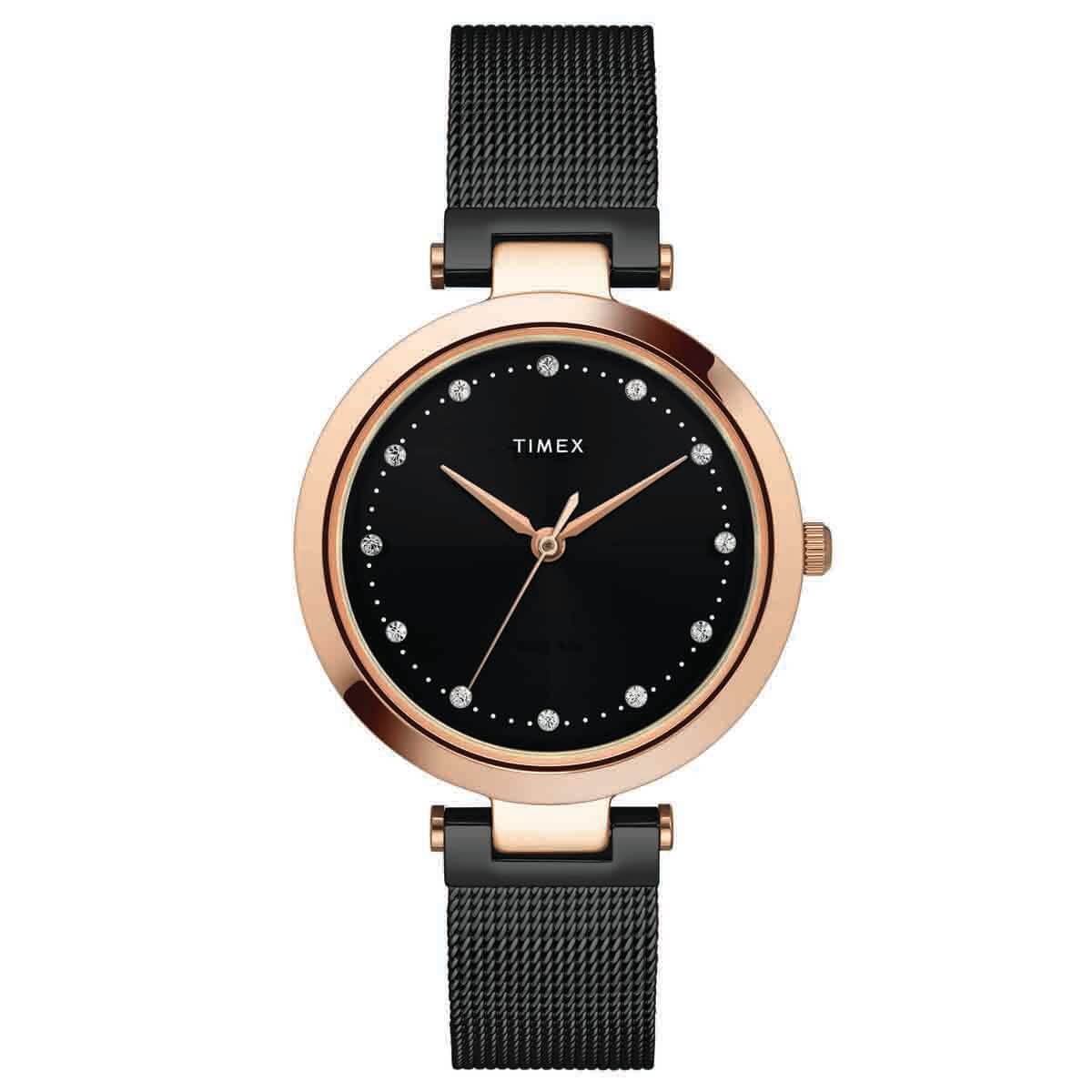 TIMEX PREMIUM BLACK DIAL WATCH WITH BLACK MESH BRACELET - TWEL11826 - KRISHNA WATCH COMPANY