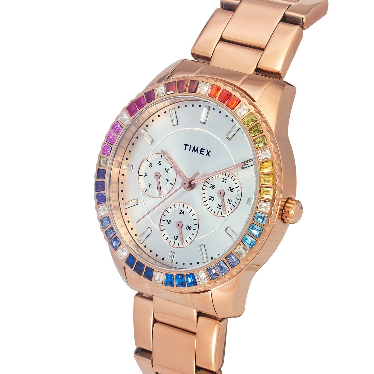 TIMEX E-CLASS PREMIUM-SPORT COLLECTION MULTIFUNCTION WOMEN ANALOG SILVER DIAL COLOURED QUARTZ WATCH, ROUND DIAL WITH 36 MM CASE WIDTH - TWEL16802 - KRISHNA WATCH COMPANY