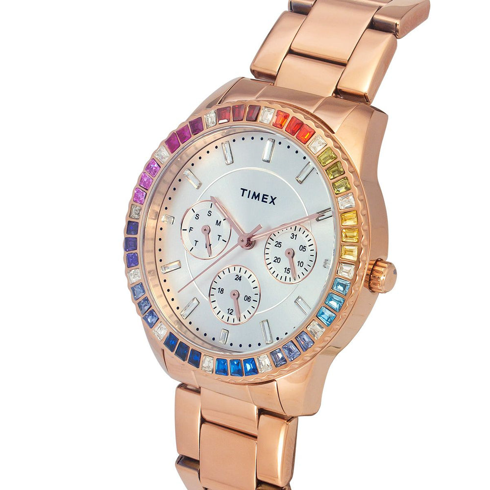 TIMEX E-CLASS PREMIUM-SPORT COLLECTION MULTIFUNCTION WOMEN ANALOG SILVER DIAL COLOURED QUARTZ WATCH, ROUND DIAL WITH 36 MM CASE WIDTH - TWEL16802 - KRISHNA WATCH COMPANY
