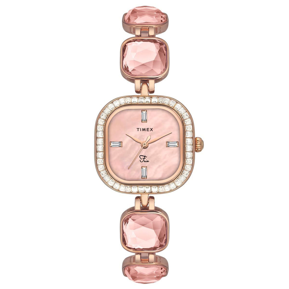 A TIMEX Fria women's watch with a white dial, round case, and pink gemstone accents on the bezel.