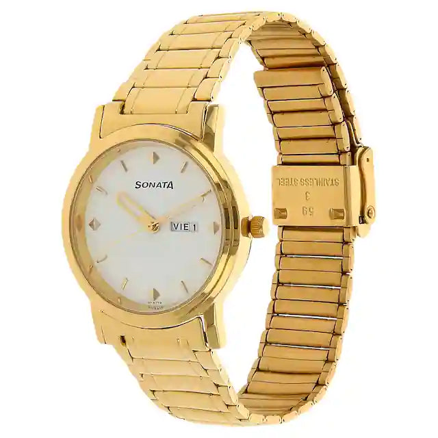 Sonata White Dial Golden Stainless Steel Strap Watch NP1141YM11 - KRISHNA WATCH COMPANY