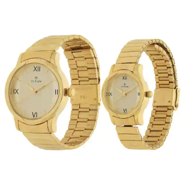 Titan Champagne Dial Golden Metal Strap Watches NP15802490YM02 - KRISHNA WATCH COMPANY