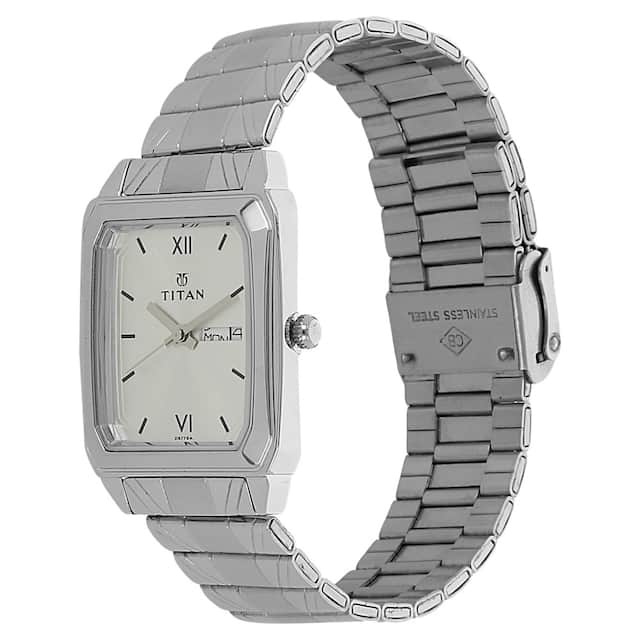 Titan Quartz Analog with Day and Date Silver Dial Silver Stainless Steel Strap Rectangular Shaped Watch For Men 1581sm03 - KRISHNA WATCH COMPANY