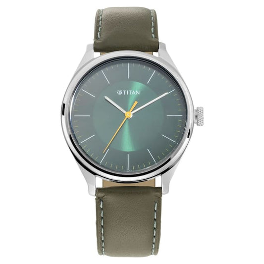 TITAN Workwear Watch with Green Dial & Leather Strap NP1802SL04