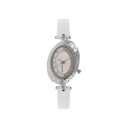 Sonata Silver Dial White Leather Strap Watch 8125SL02