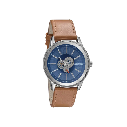 Sonata skeleton Unveil Watch With Blue Dial & Leather Strap 7133SL02