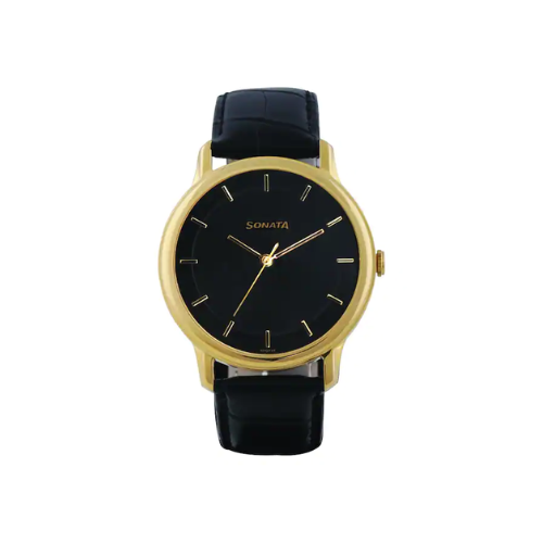 Sonata Sleek Black Dial Leather Strap 7128YL01 - KRISHNA WATCH COMPANY