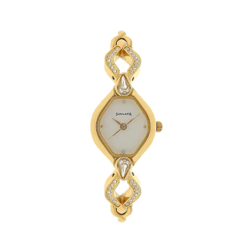 Sonata White Dial Golden Metal Strap Watch - 8063YM03 - KRISHNA WATCH COMPANY