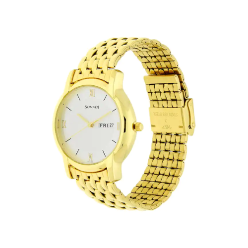 Sonata White Dial Yellow Stainless Steel Strap Watch - 7954YM01W - KRISHNA WATCH COMPANY