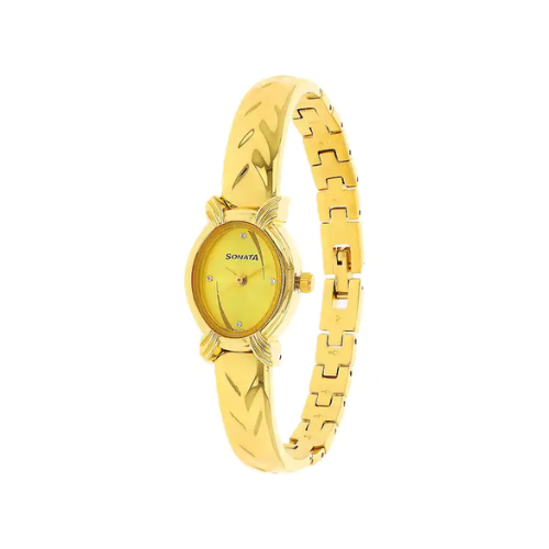 Sonata White Dial Golden Metal Strap Watch - 8110YM01 - KRISHNA WATCH COMPANY