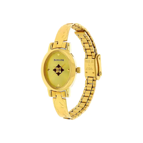 Sonata Champagne Dial Golden Stainless Steel Strap Watch NR8100YM04 - KRISHNA WATCH COMPANY