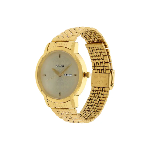 Sonata Champagne Dial Golden Stainless Steel Strap Watch NR77031YM04 - KRISHNA WATCH COMPANY