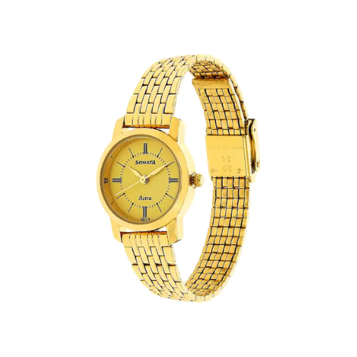 Sonata Champagne Dial Golden Stainless Steel Strap Watch NR87018YM01 - KRISHNA WATCH COMPANY