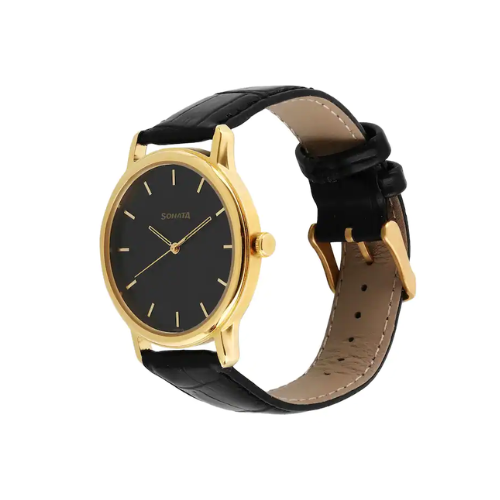Sonata Sleek Black Dial Leather Strap 7128YL01 - KRISHNA WATCH COMPANY