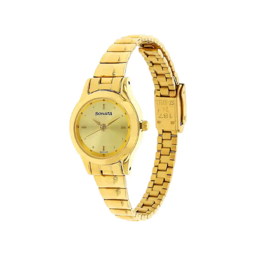 Sonata Champagne Dial Golden Stainless Steel Strap Watch NR8098YM02 - KRISHNA WATCH COMPANY