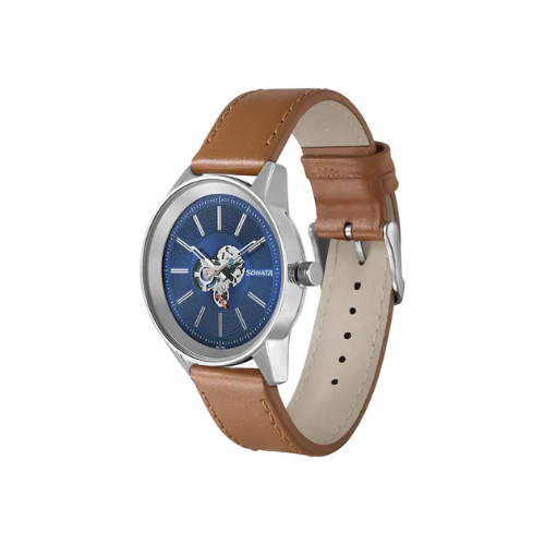Sonata skeleton Unveil Watch With Blue Dial & Leather Strap 7133SL02 - KRISHNA WATCH COMPANY