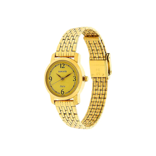 Sonata Champagne Dial Golden Stainless Steel Strap Watch NR87018YM02 - KRISHNA WATCH COMPANY