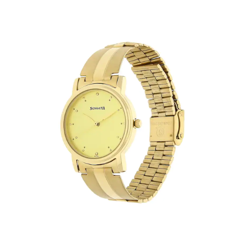Sonata Champagne Dial Golden Stainless Steel Strap Watch - 1013YM24 - KRISHNA WATCH COMPANY