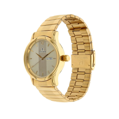 TITAN Champagne Dial Golden Stainless Steel Strap Watch - 1580YM05 - KRISHNA WATCH COMPANY