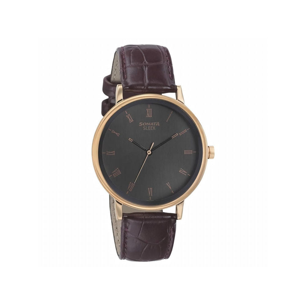 Sonata Sleek Anthracite Dial Leather Strap Watch NN7131WL01 - KRISHNA WATCH COMPANY