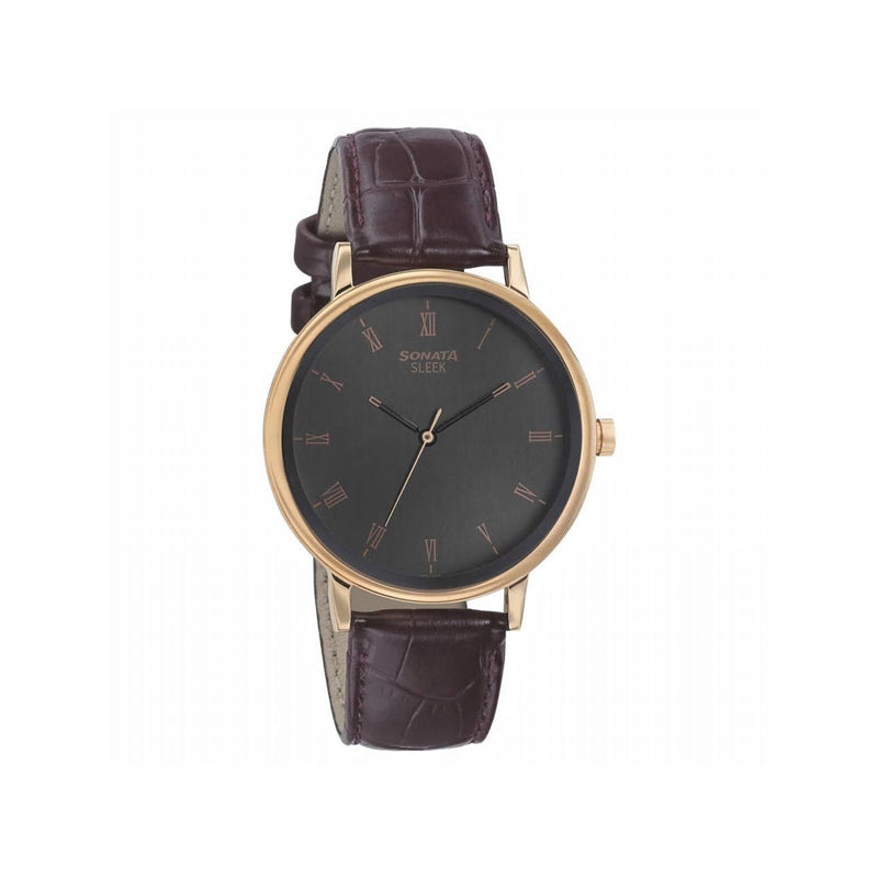 Sonata Sleek Anthracite Dial Leather Strap Watch NN7131WL01 - KRISHNA WATCH COMPANY