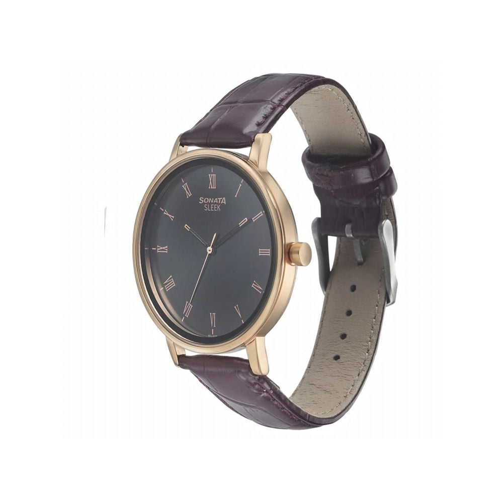Sonata Sleek Anthracite Dial Leather Strap Watch NN7131WL01 - KRISHNA WATCH COMPANY