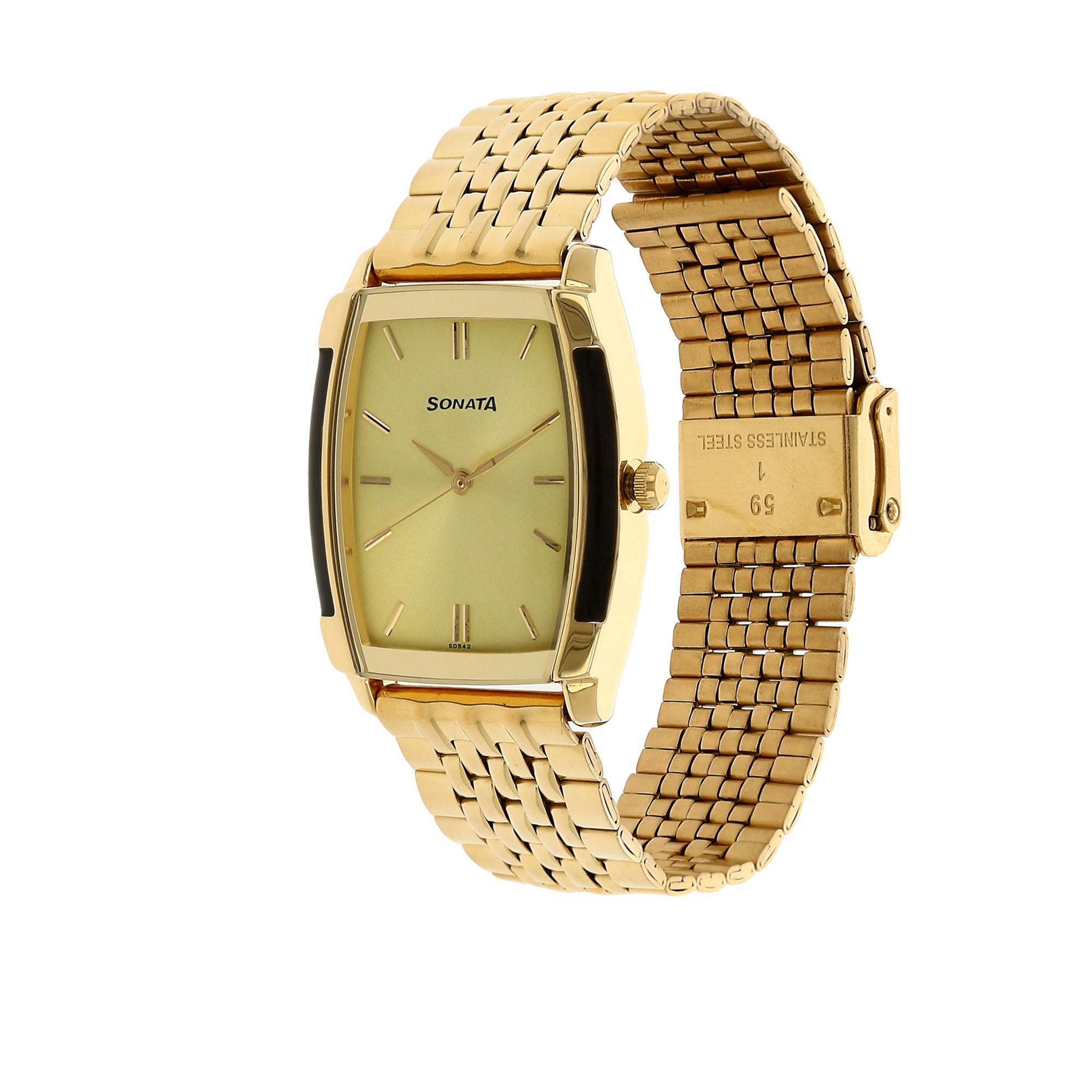 Sonata Champagne Dial Golden Stainless Steel Strap Watch 7080YM02 - KRISHNA WATCH COMPANY