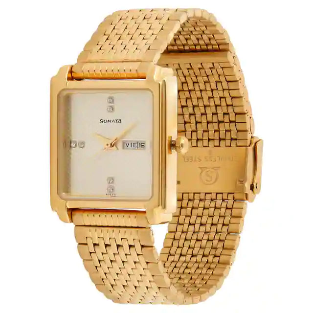 Champagne Dial Golden Stainless Steel Strap Watch - 7053YM07 - KRISHNA WATCH COMPANY