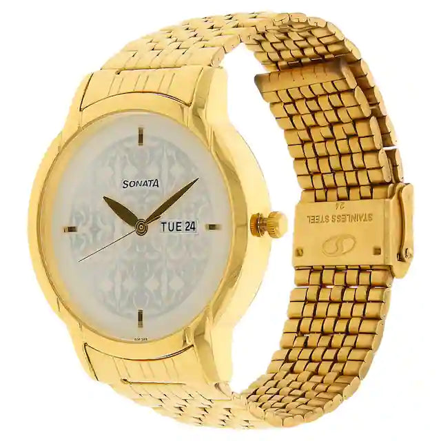 Sonata Silver Dial Golden Stainless Steel Strap Watch - 77031YM03 - KRISHNA WATCH COMPANY