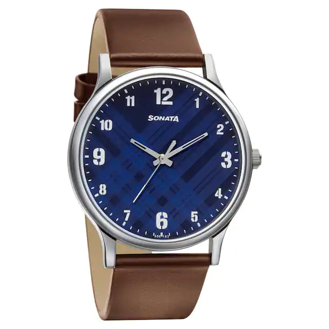 Sonata Smart Plaid In Blue Dial Leather Strap Watch - 77105SL03W - KRISHNA WATCH COMPANY