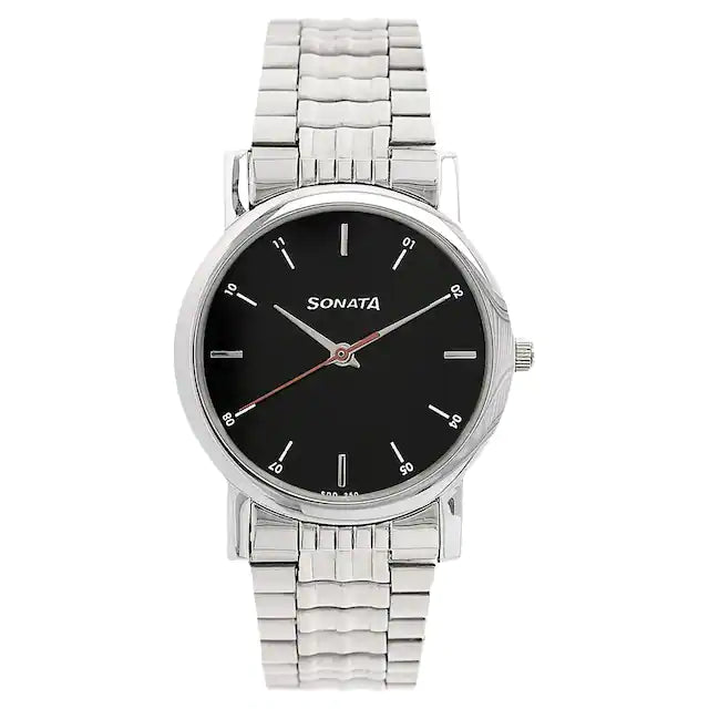 Sonata Quartz Analog Black Dial Metal Strap Watch for Men