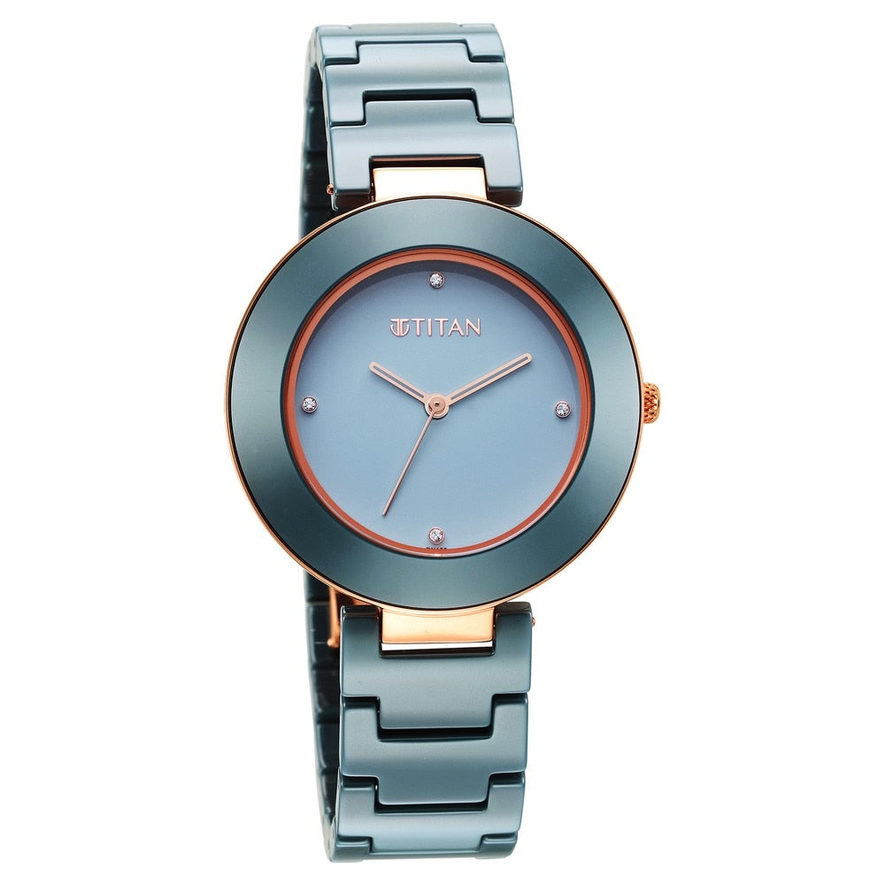 Titan Purple Ceramics Blue Dial Ceramic Strap Watch for Women 95189KC05 - KRISHNA WATCH COMPANY