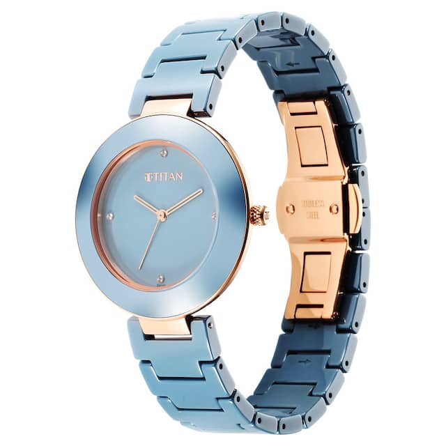 Titan Purple Ceramics Blue Dial Ceramic Strap Watch for Women 95189KC05 - KRISHNA WATCH COMPANY
