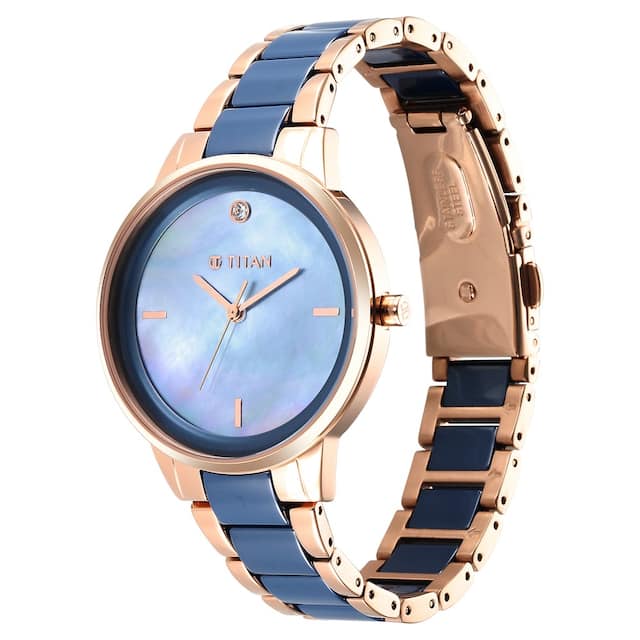 Titan Purple Ceramics Blue Dial Steel & Ceramic Strap Watch for Women 95213KD03 - KRISHNA WATCH COMPANY