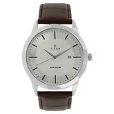 Titan Silver Dial Brown Leather Strap Watch - 1584SL03