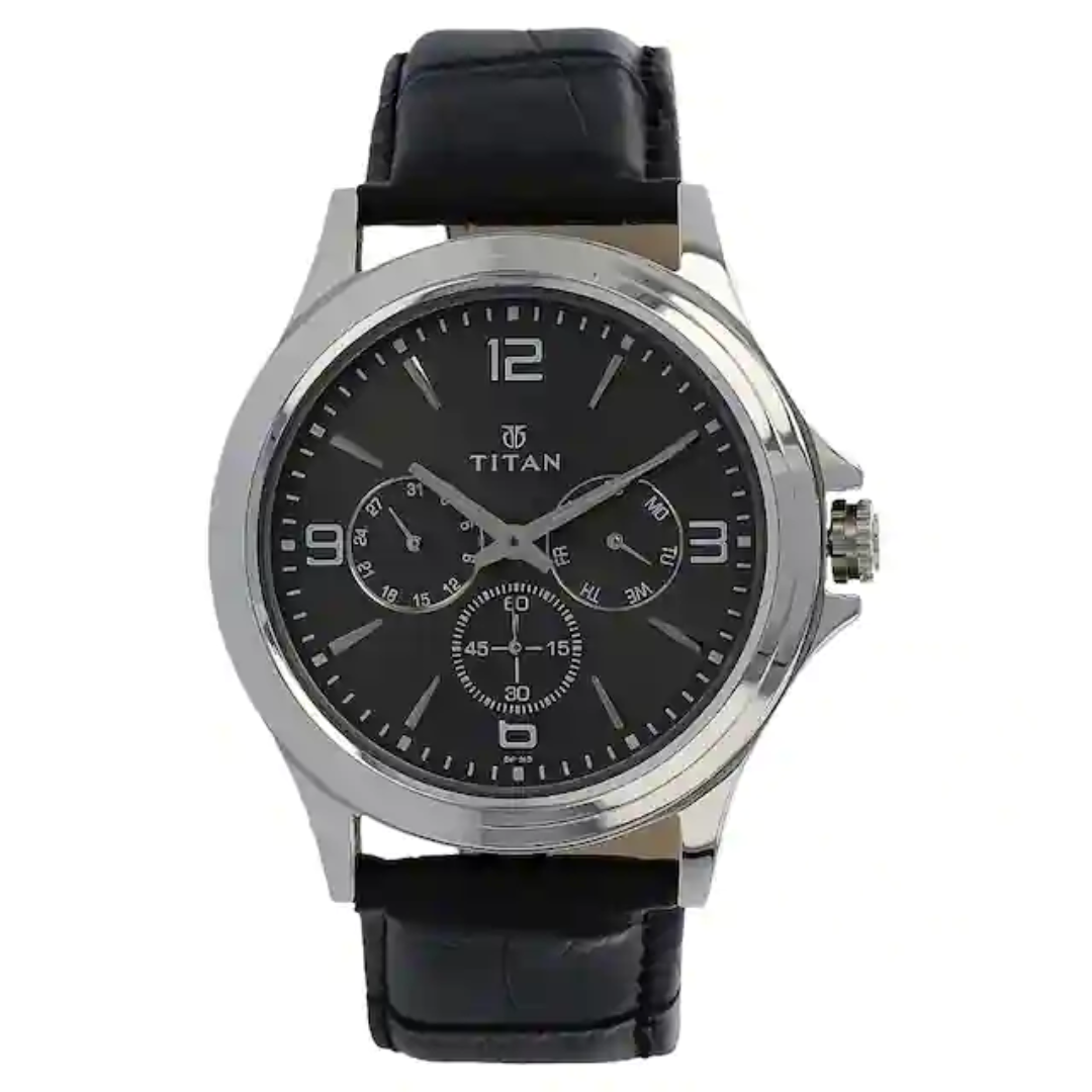 Titan Anthracite Dial Black Leather Strap Watch NP1698SL02 - KRISHNA WATCH COMPANY