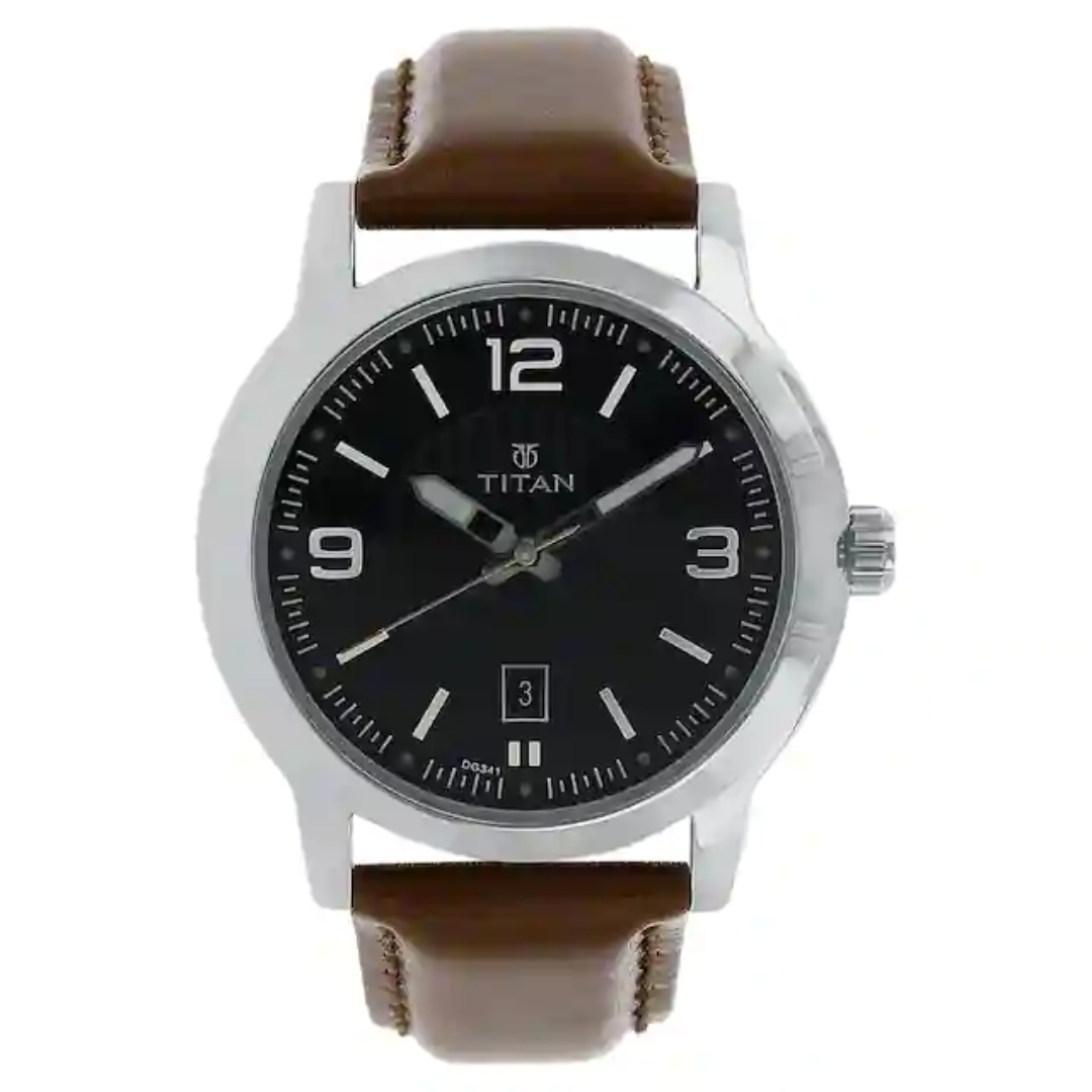 Titan Black Dial Brown Leather Strap Watch NP1730SL02 - KRISHNA WATCH COMPANY